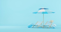 Liegestühle mit Sonnenschirm Das Bild zeigt zwei Liegestühle mit einem Sonnenschirm und einem Sonnenhut sowie einem Wasserball.